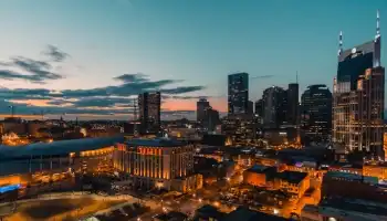 Nashville city skyline at dusk from above
