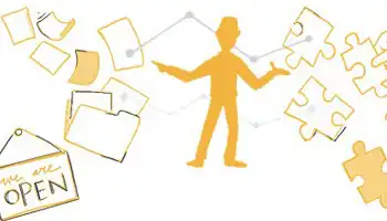 illustration of person in the middle of puzzle pieces and paper documents