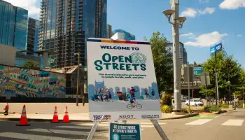 Open Streets sign position on the street in Downtown Nashville.