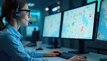 Woman wearing headset monitoring multiple computer screens with data displays in a control room.