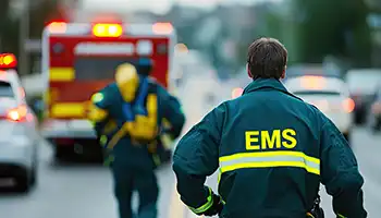EMS paramedic from behind walking toward emergency vehicles on street.