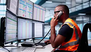 Worker in safety vest reviewing data on computer monitors in control room.