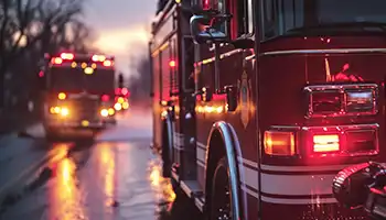 Emergency vehicles with flashing lights on a wet, rainy street at dusk.