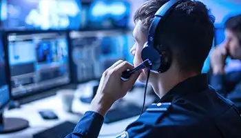 Man wearing headset at gaming setup with multiple monitors in dim blue lighting.
