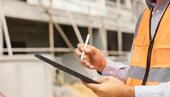 Construction worker in orange vest holding tablet at building site.