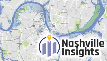 Nashville street map with blue curved roads and Nashville Insights logo overlay.