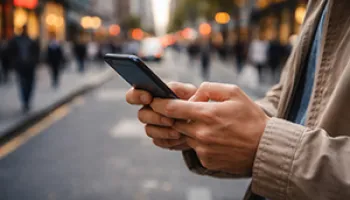 Person holding smartphone on urban street with blurred pedestrians in background.