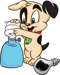 Socket's mascot dog changing a light bulb