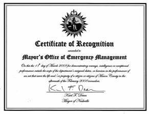 Macon County Certificate of Recognition for assistance after tornado