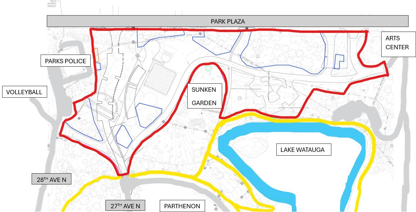 Graphic: Map of Centennial Park closures. See Text Description below.