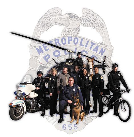 Photo showing several police officers in varying roles with Metro Police badge in background