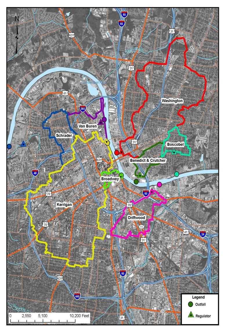 Map showing the outlines of Metro Water Services Combined Sewer System areas