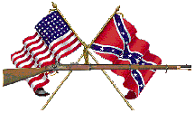 Image showing both United Staes flag and Confederacy flag with a flintlock rifle placed horizontally across both flags.