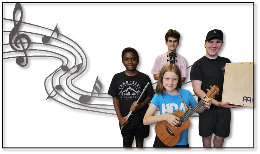 music notes and kids with instruments