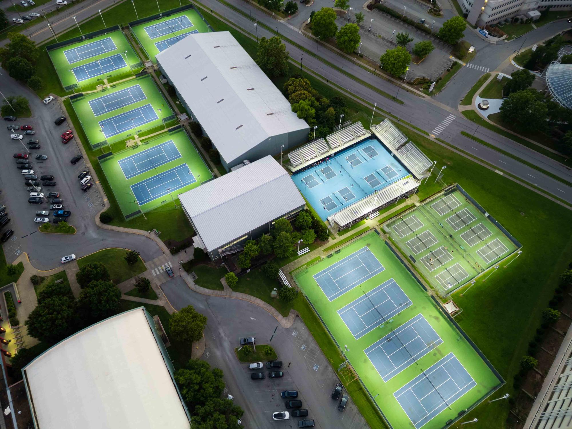 Overhead view of Centennial Sportsplex tennis and pickleball facility.