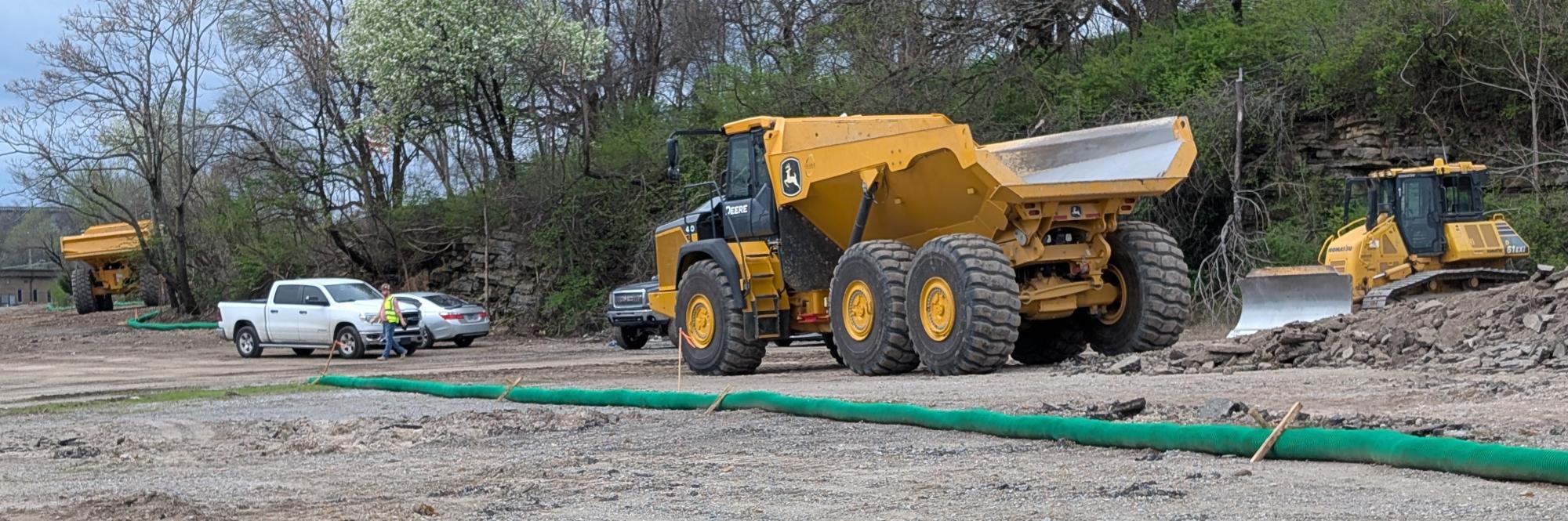 Construction vehicles and erosion control tubes at Fort Negley Park during Phase 1 Improvements