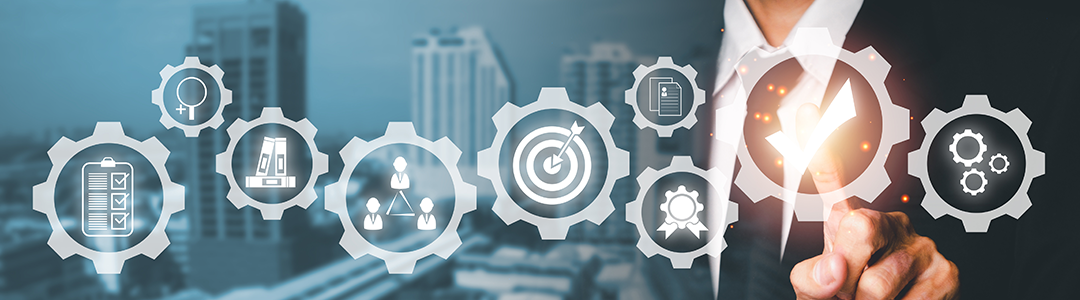 Businessman touching digital network icons representing connected people and gear symbols on blue background.