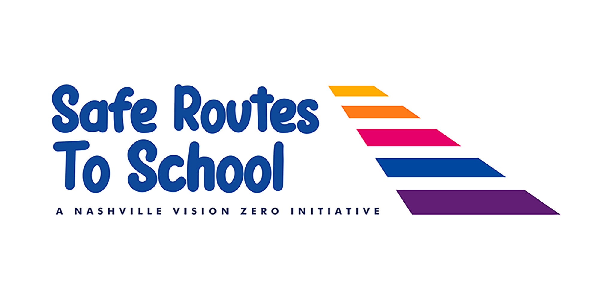 Safe Routes to School logo with blue text and colorful striped train graphic.