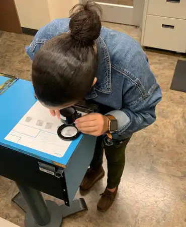 Examiner looking at prints with black prints ink