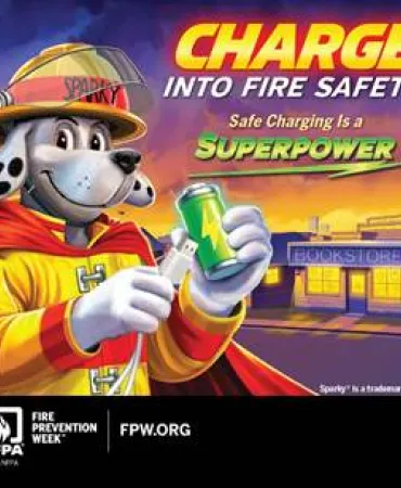 Cartoon firefighter mascot in yellow gear holding water hose with "Charge Into Fire Safety" text on purple background.
